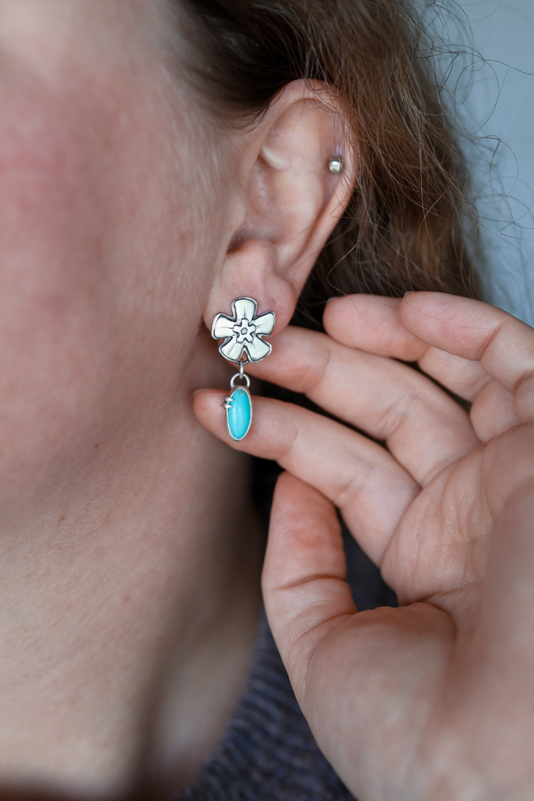 Forget Me Not Stud Earrings #2 with Sonoran Turquoise