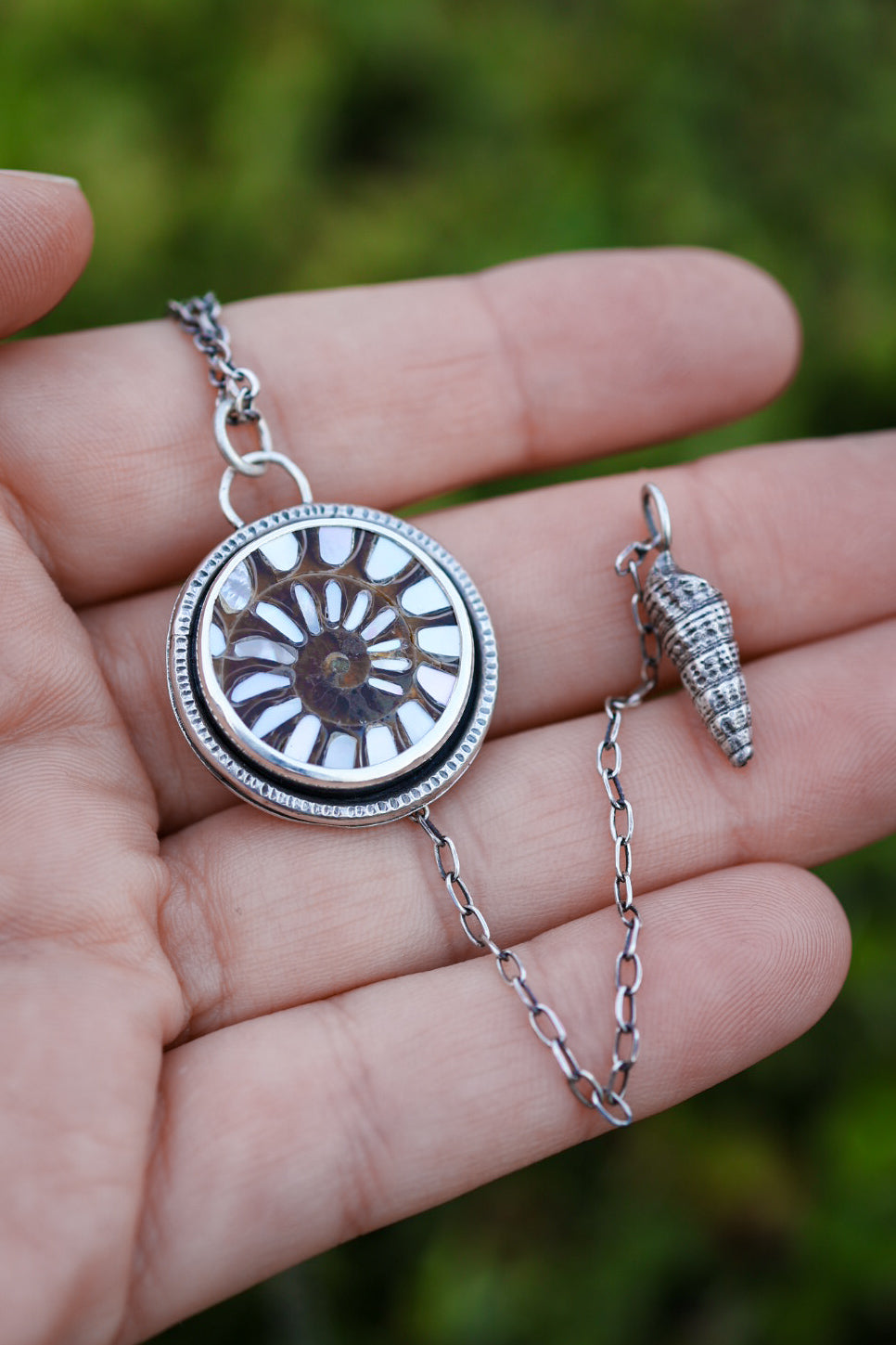 Sea Siren Necklace with Ammonite & Mother of Pearl Inlay