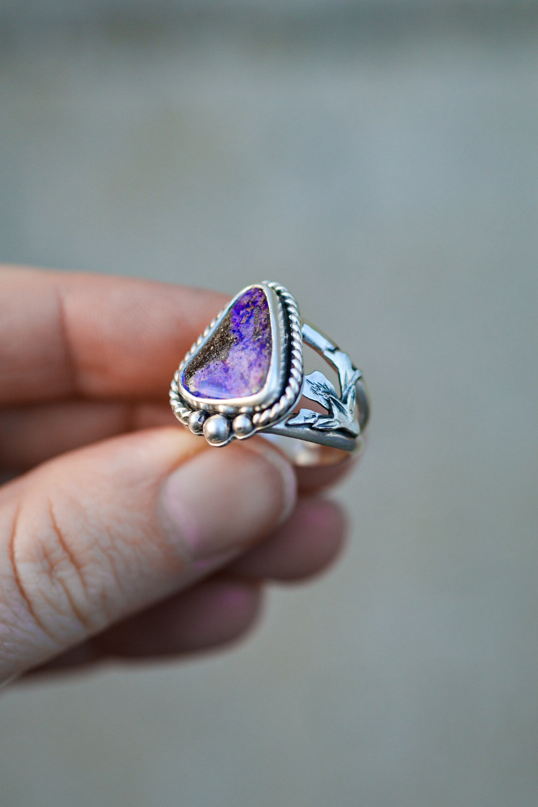 Geranium Blooms Ring with Boulder Opal- Size 5.5