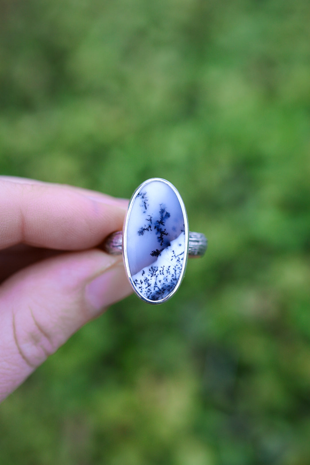 Winter Forest Ring with Dendritic Opal- Size 8