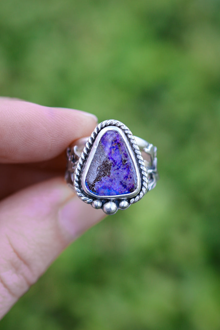 Geranium Blooms Ring with Boulder Opal- Size 5.5