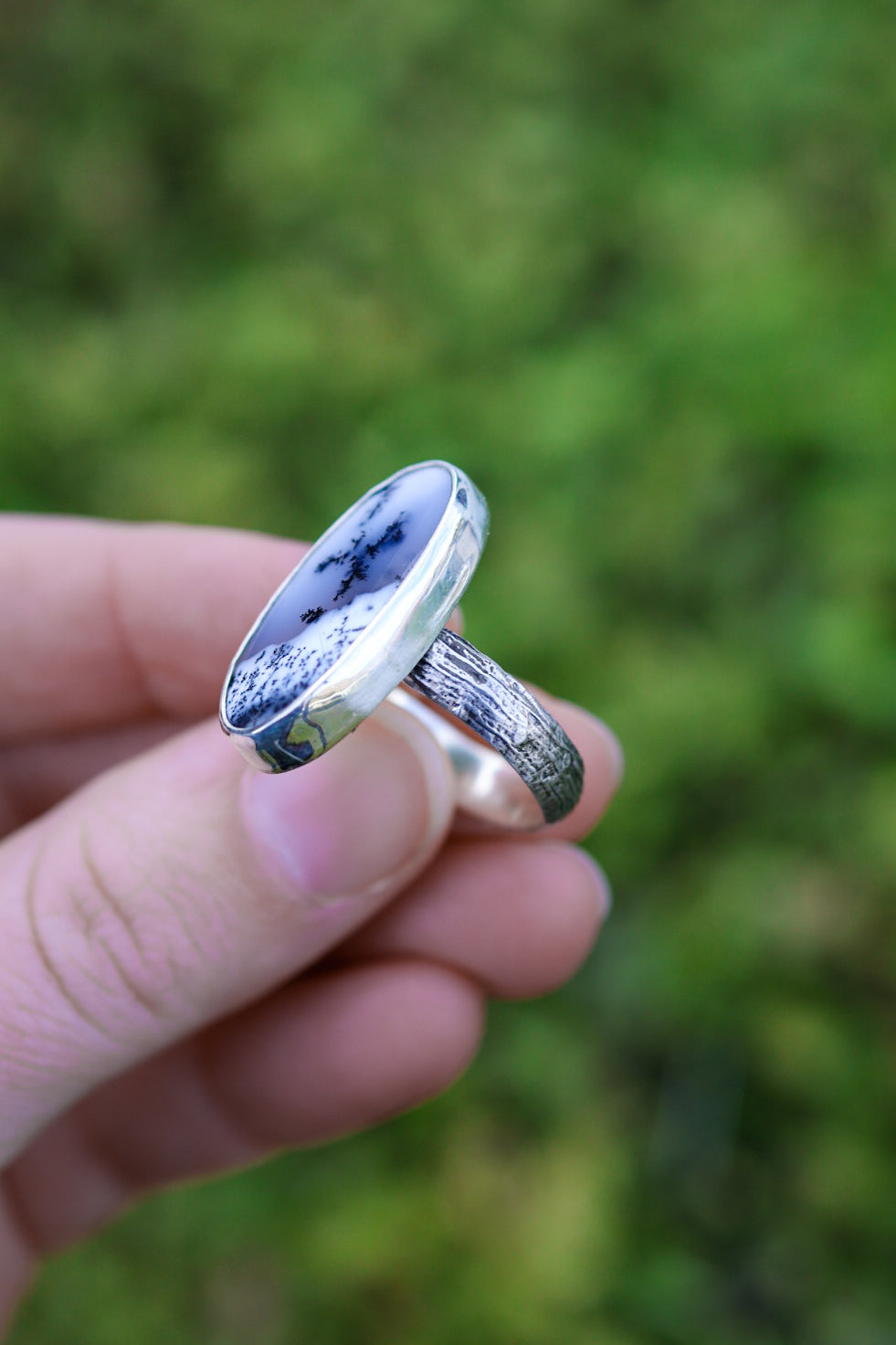 Winter Forest Ring with Dendritic Opal- Size 8