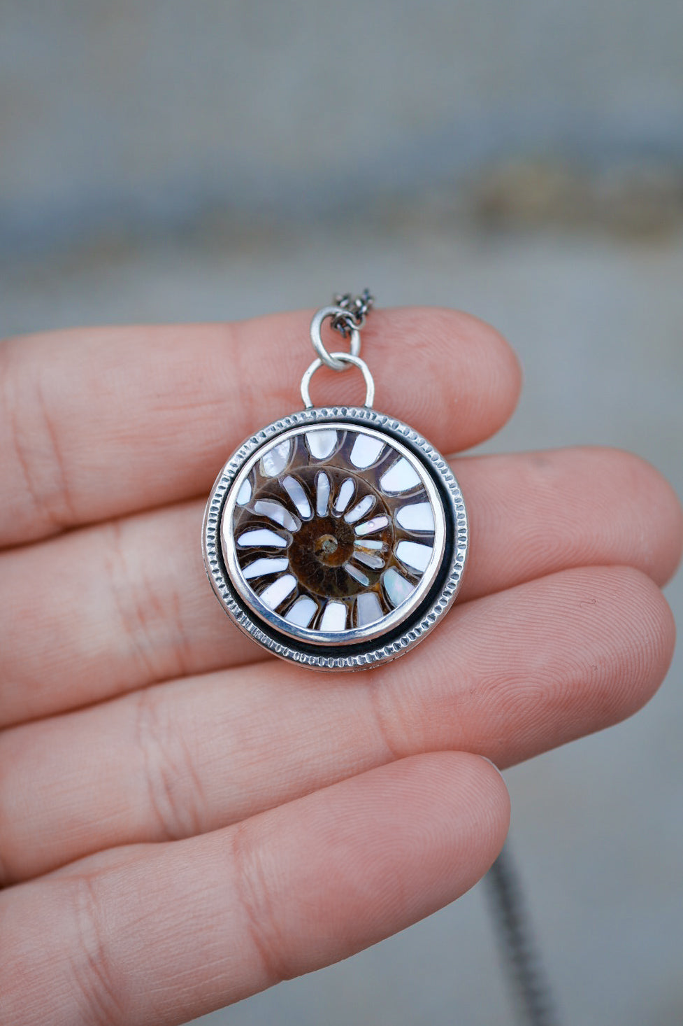 Sea Siren Necklace with Ammonite & Mother of Pearl Inlay
