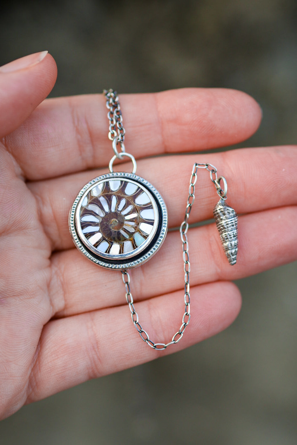 Sea Siren Necklace with Ammonite & Mother of Pearl Inlay