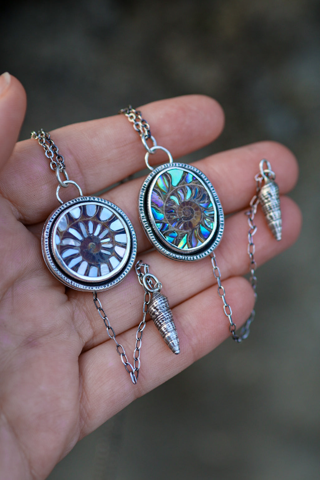 Sea Siren Necklace with Ammonite & Mother of Pearl Inlay